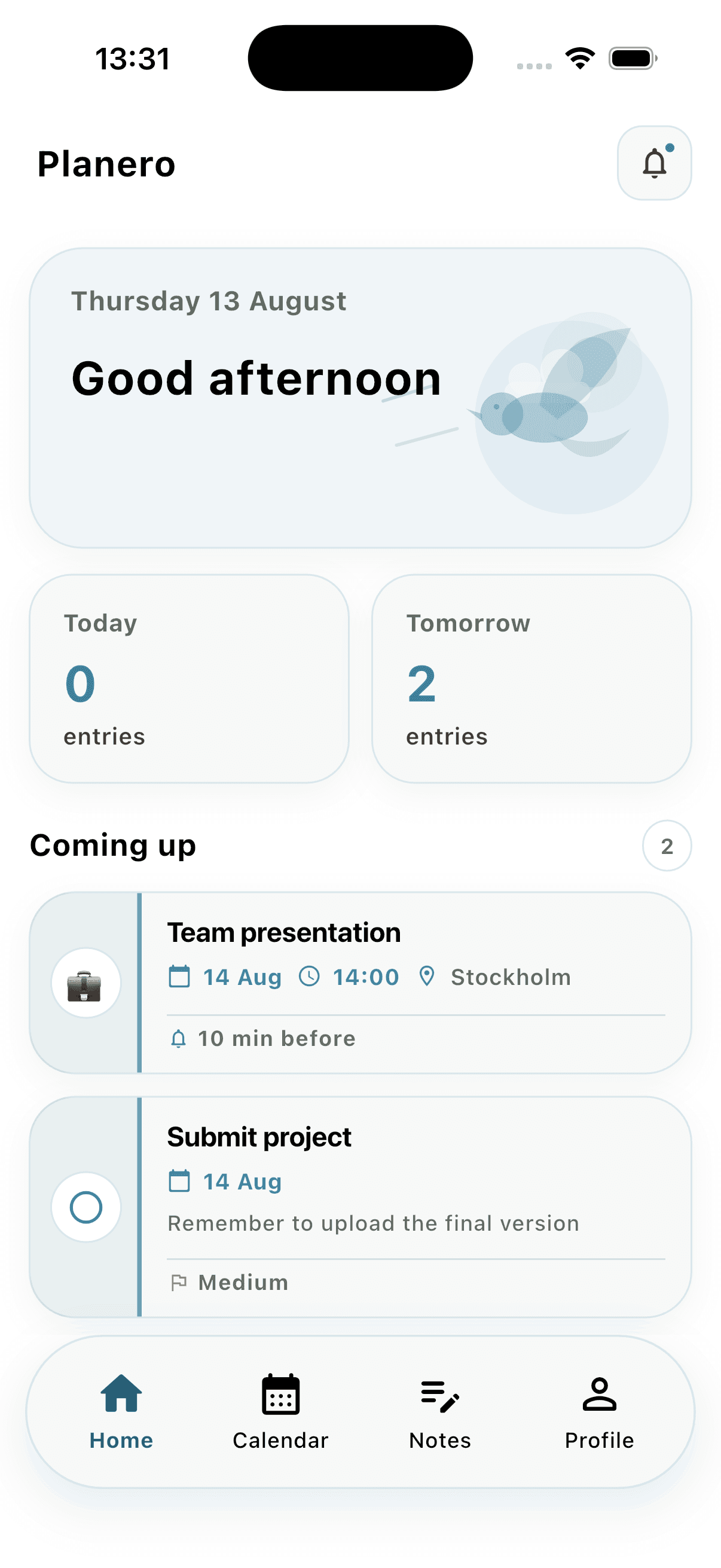 Planero home screen